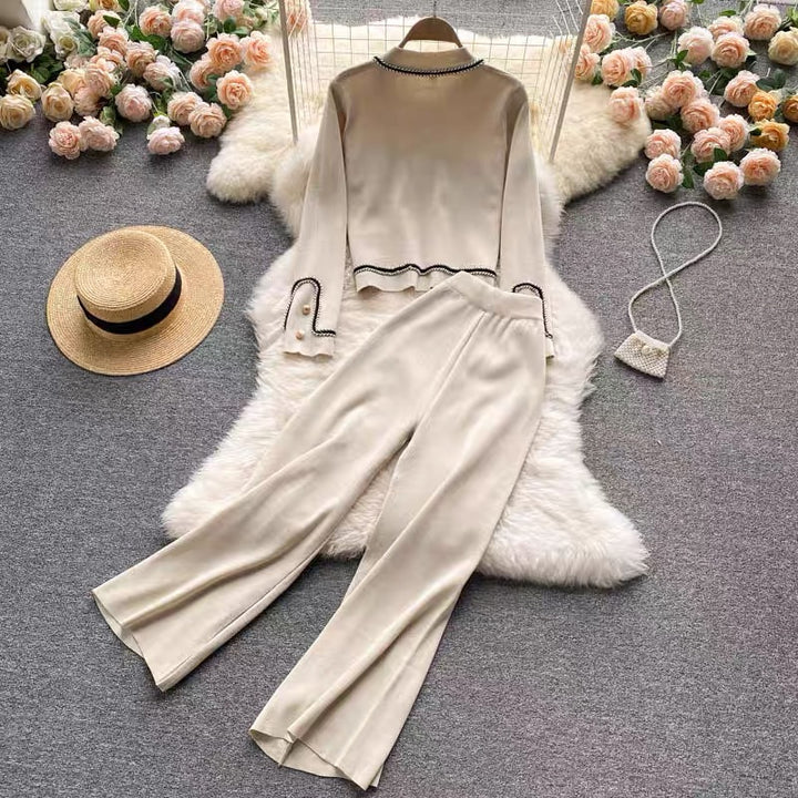 Damen elegantes Strick-Loungewear-Set mit feinen Knopfdetails und weitem Bein Drune