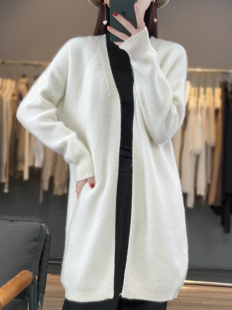Damen Langer Offener Strickcardigan mit Samenmuster und gerippten Abschlüssen Drune