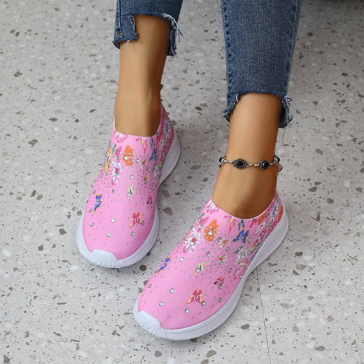 Damen Slip-On Strick-Sneaker mit elastischem Schaft, Blumenprint und Strassbesatz Drune
