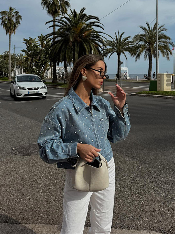 Damen Gekürzte Denim-Jacke mit Perlenbesatz und Oversize-Ärmeln Drune
