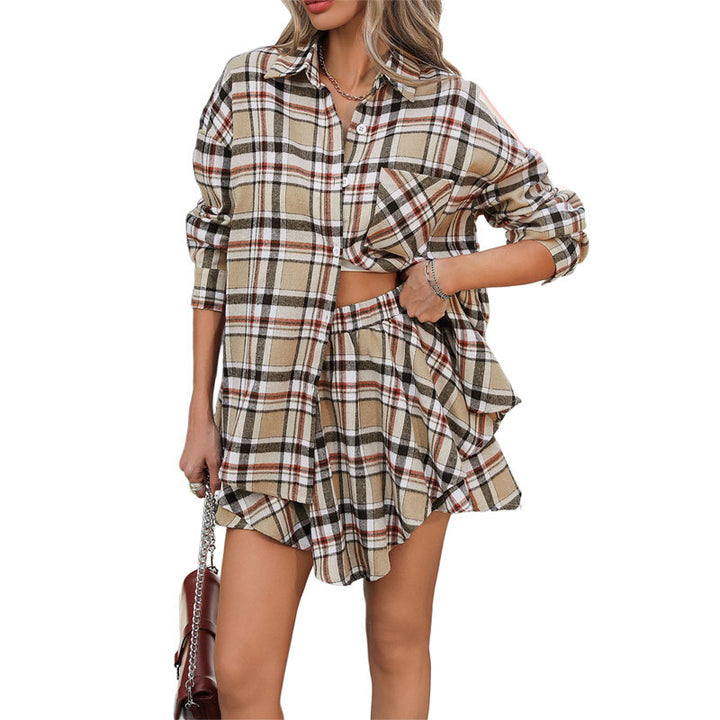 Damen Karierte Kurzbluse und Rock Set Drune
