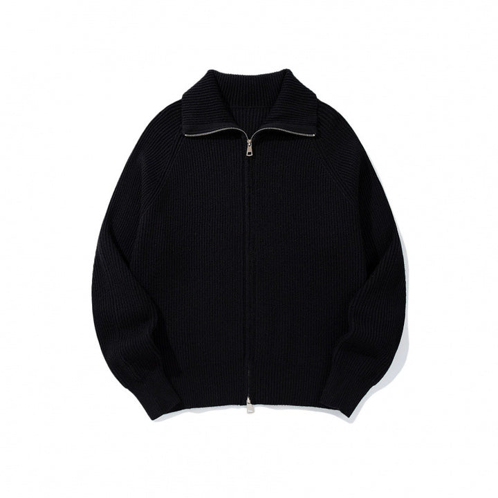 Unisex Grobgerippte Zip-Strickjacke mit Stehkragen, Raglanärmeln und Zwei-Wege-Reißverschluss Drune