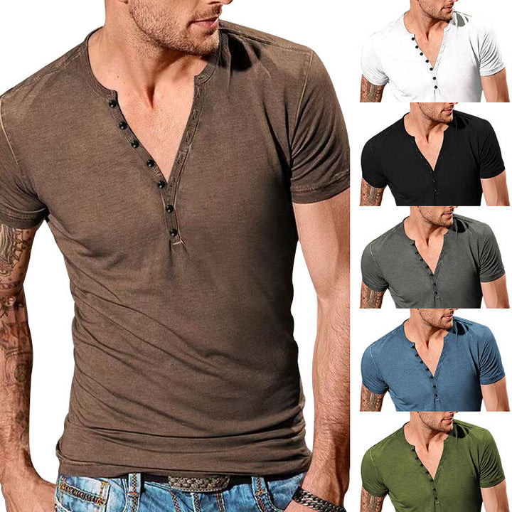 Herren Kurzarm Henley-T-Shirt mit Knopfleiste und weichem Baumwollmix Drune