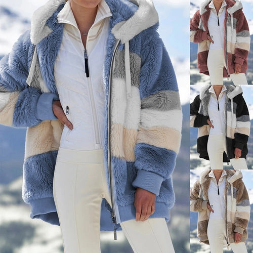 Damen nan kuschelige Oversize Kunstpelzjacke mit Kapuze, Blockstreifen und Rippbündchen Drune