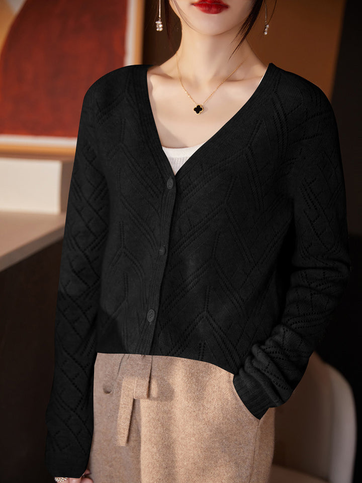 Damen Leichter Ajourcardigan mit geometrischer Lochstruktur und kastiger Kurzform Drune