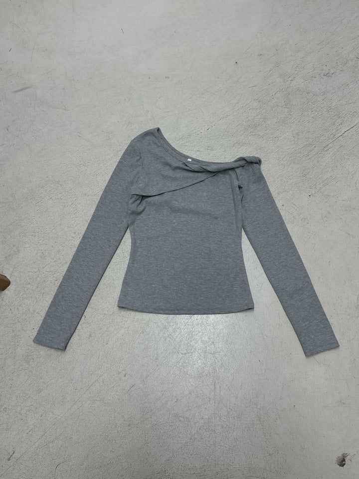 Damen nan asymmetrisches Rippenlangarmshirt mit Ein-Schulter-Design und dekorativer Knotenraffung Drune