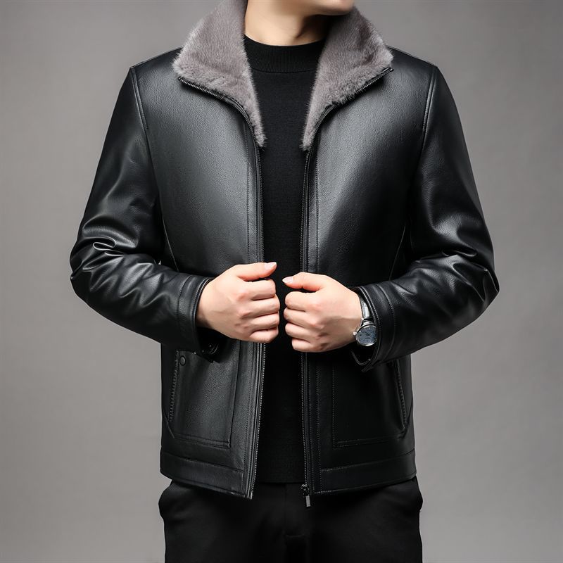 Herren Lederimitatjacke mit Teddyfellkragen und wärmendem Thermofutter Drune