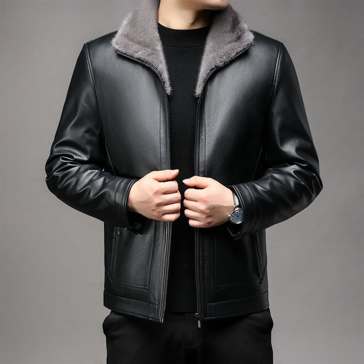 Herren Lederimitatjacke mit Teddyfellkragen und wärmendem Thermofutter Drune