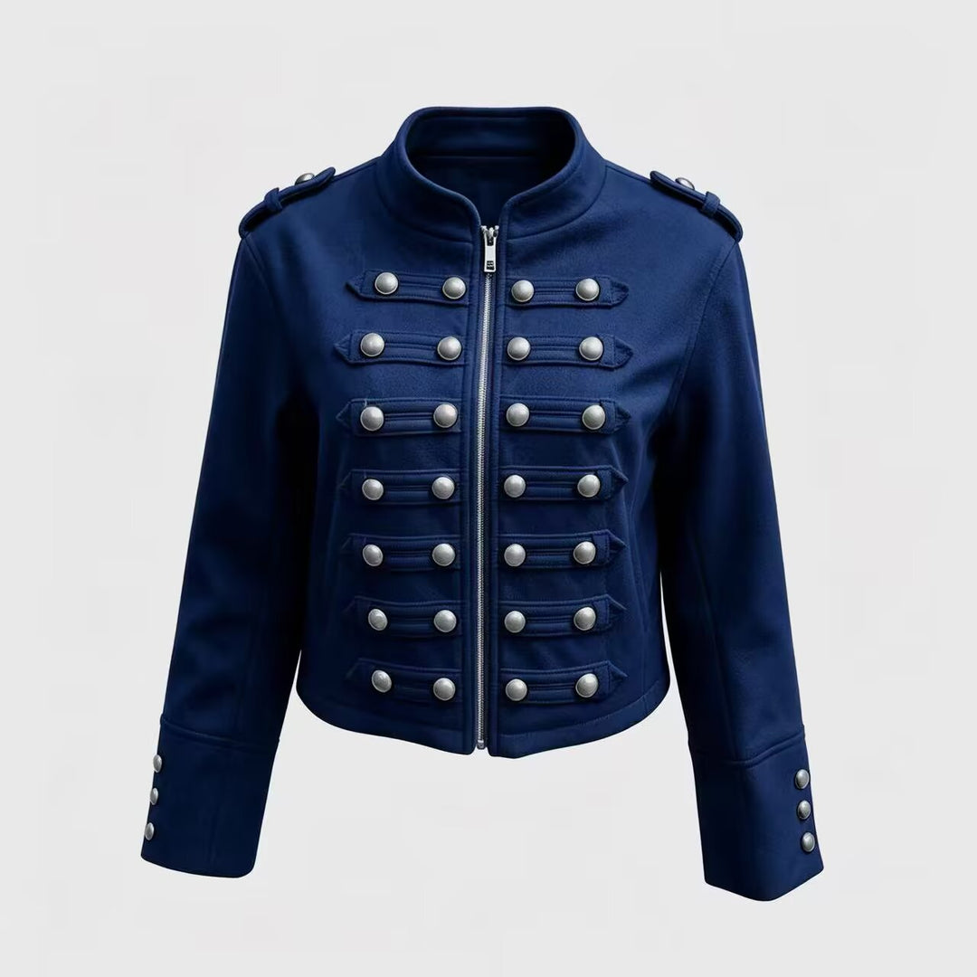 Damen Kurzjacke im Military‑Stil mit Stehkragen, Zierknopfleiste und Schulterklappen Drune