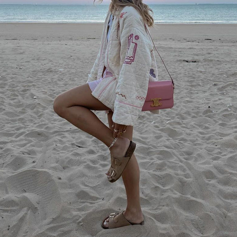 Damen Modische Kimono-Jacke mit bunten Stickdetails und Taschen Drune