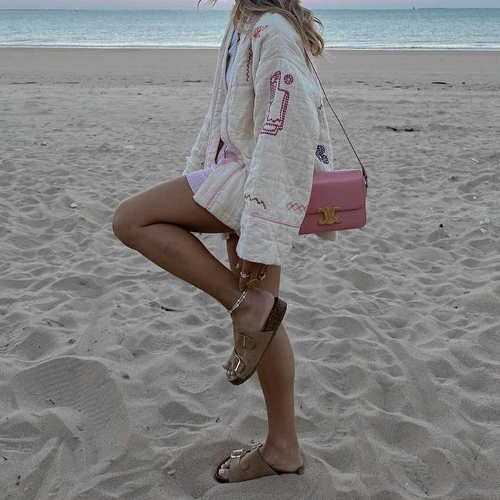 Damen Modische Kimono-Jacke mit bunten Stickdetails und Taschen Drune