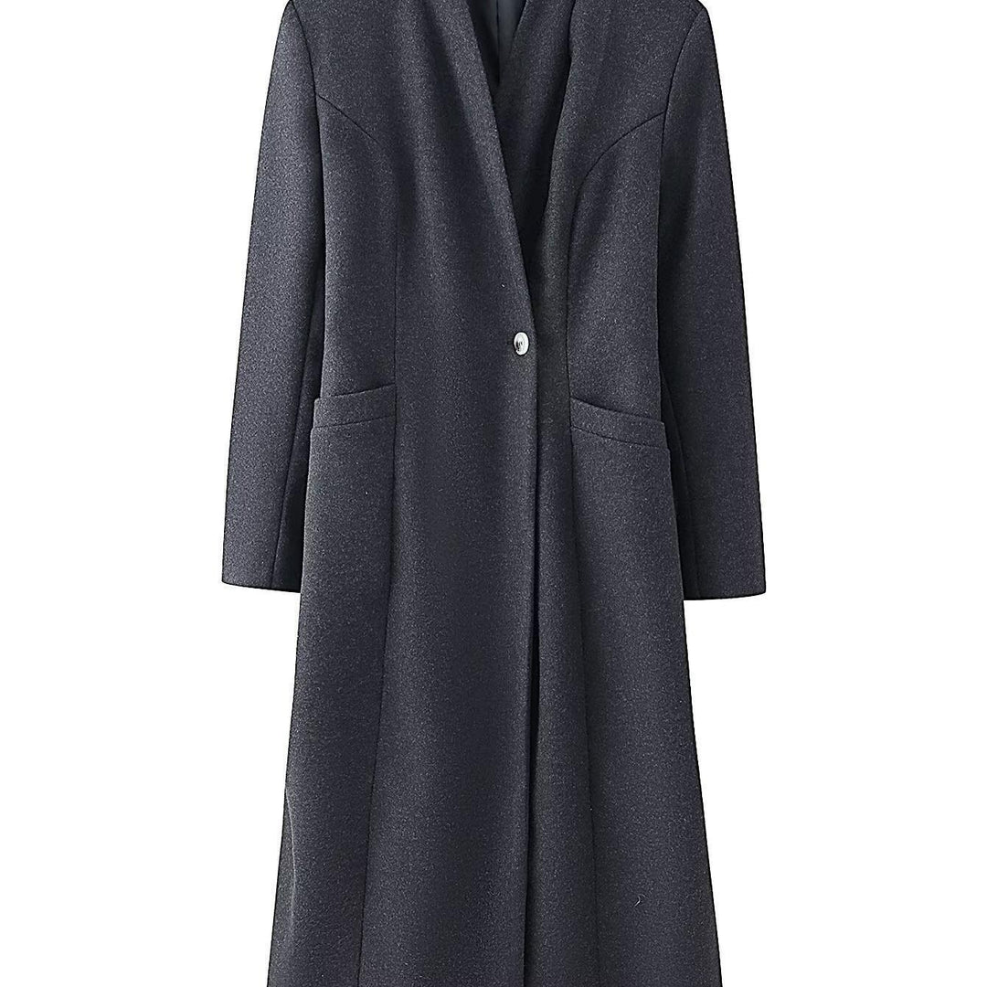 Damen Eleganter Wollmix-Langmantel mit schalkragenloser Optik und Ein-Knopf-Verschluss Drune