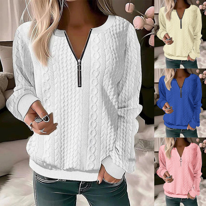 Damen Strickpullover mit Zopfmuster und halbem Reißverschluss Drune