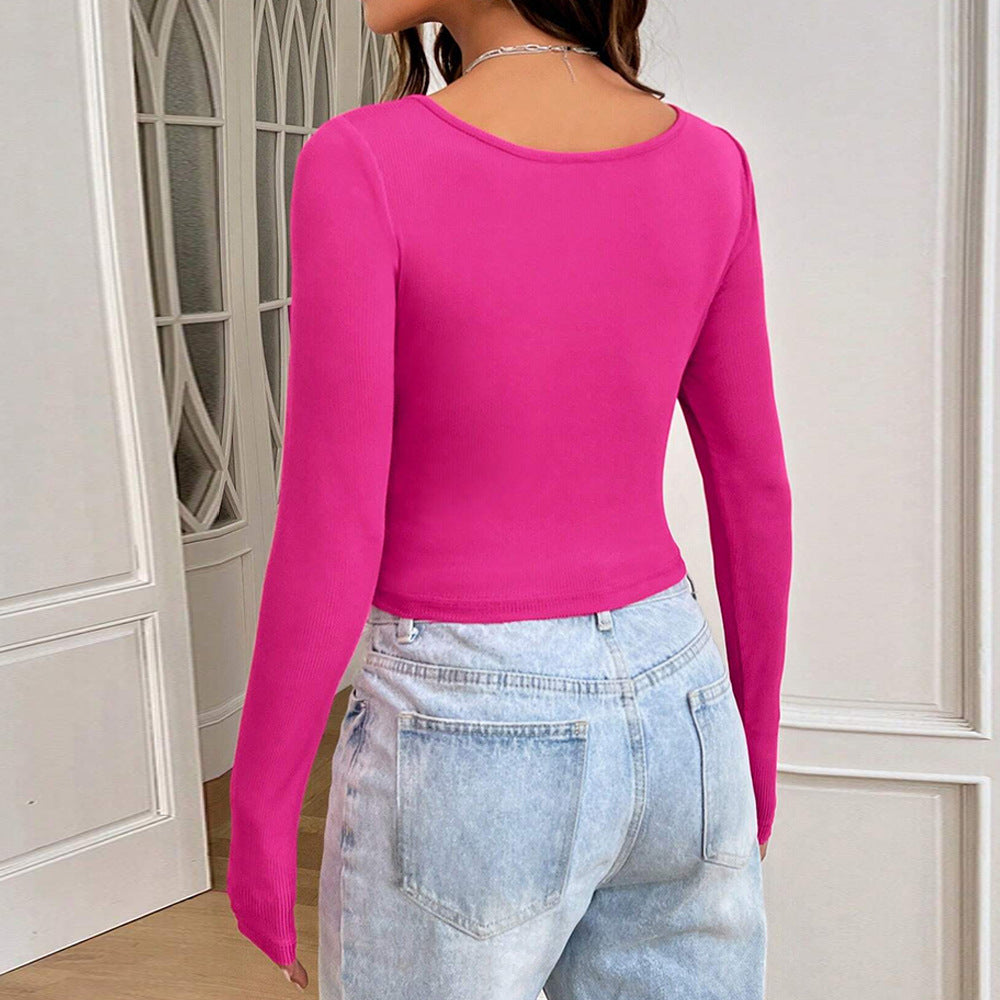 Damen Cropped Langarmshirt mit quadratischem Ausschnitt und raffinierter Rippstruktur Drune