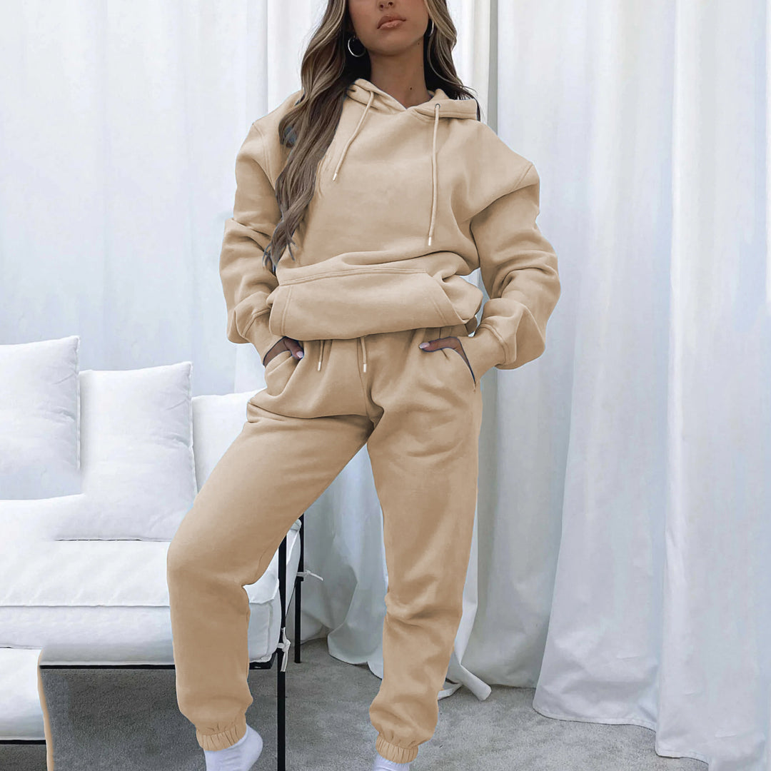 Damen kuscheliges Cropped-Kapuzen-Lounge-Set mit hochgeschnittener Tunnelzug-Jogginghose Drune