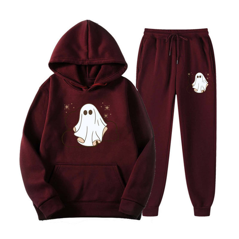 Unisex nan kuscheliger Kapuzenpullover und Jogginghose Set mit Halloween-Geistprint Drune