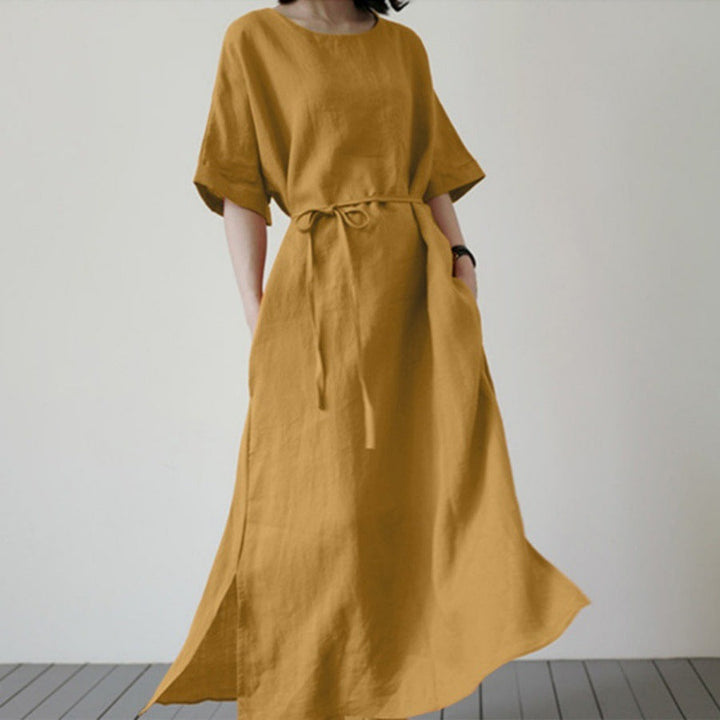 Damen Leinenmaxikleid mit weit geschnittenen Ärmeln und Taillengürtel Drune