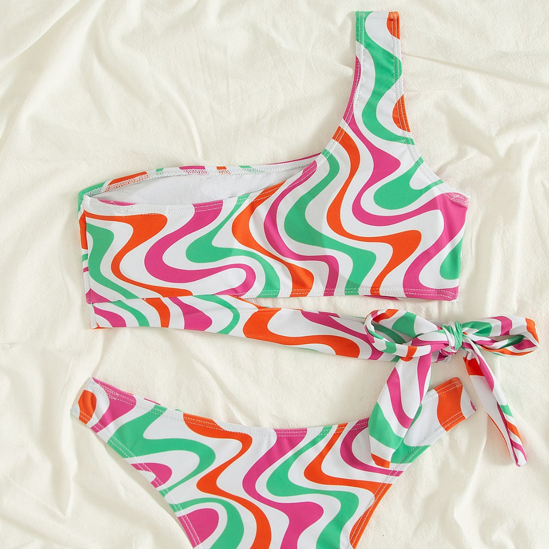Damen asymmetrisches Bikini-Set mit buntem Wellenmuster Drune