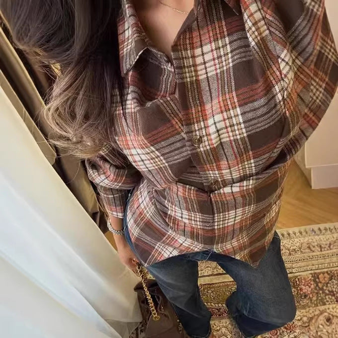 Damen Karo-Bluse mit Puffärmeln und taillierendem Bindegürtel Drune