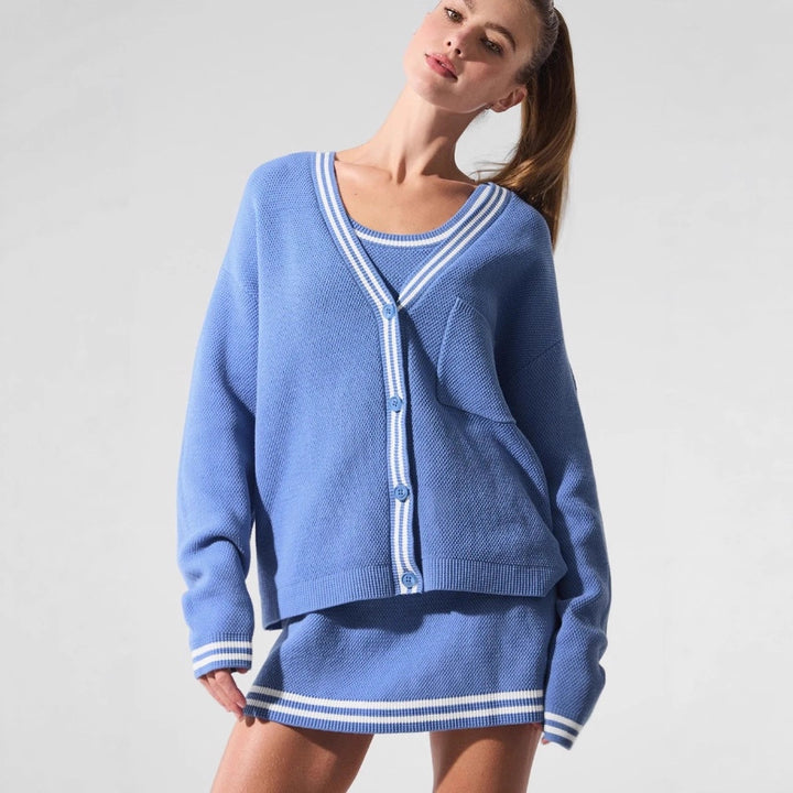 Damen Waffelstrick Cardigan mit sportlichem V-Ausschnitt und Brusttasche Drune