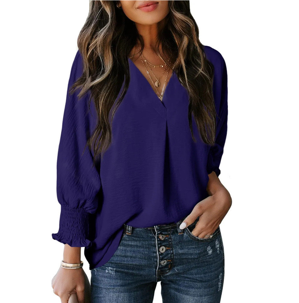 Damen V-Ausschnitt Bluse mit elastischen Ärmelbünden Drune