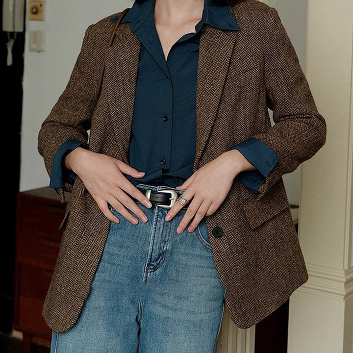 Damen Eleganter Herringbone Blazer Drune