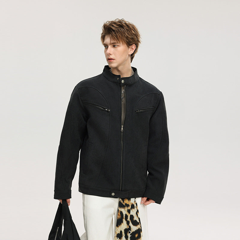 Herren Lässige Utility‑Jacke mit Stehkragen, Reißverschluss und Brusttaschen Drune
