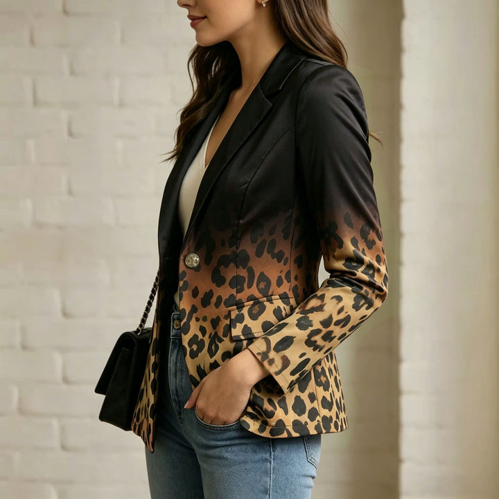 Damen Taillierter Doppelreihiger Blazer mit markanter Schulter, Goldknöpfen und Glitzer-Ombré Drune