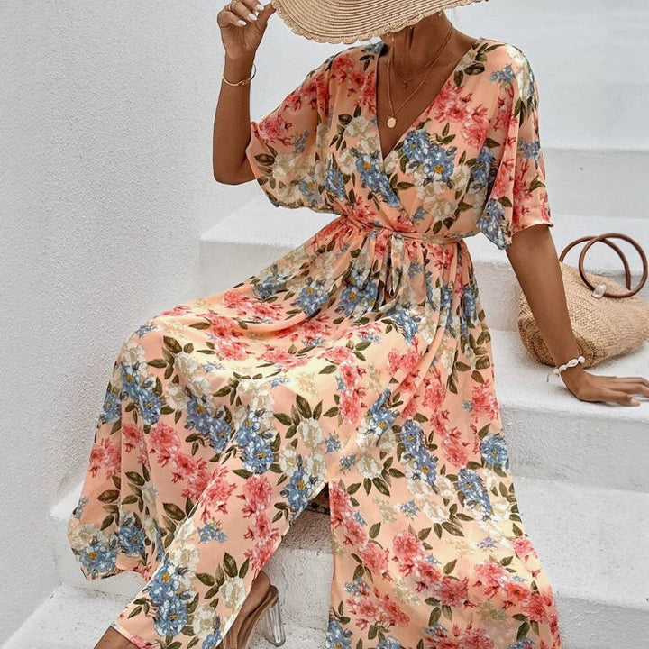 Damen nan florales V-Ausschnitt-Bindekleid mit tailliertem Gürtel und seitlichem Beinschlitz Drune