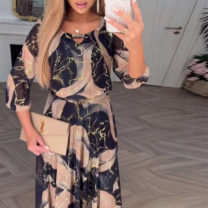Maxikleid für Damen im fließenden Chiffon-Look mit abstraktem Marmorprint und 3/4-Ärmeln Drune
