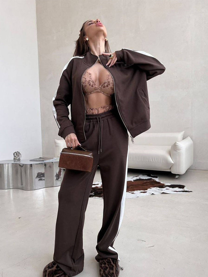 Damen Velours-Loungewear-Set mit Stehkragen, Zip-Jacke und weitem Palazzo-Hosenbein Drune