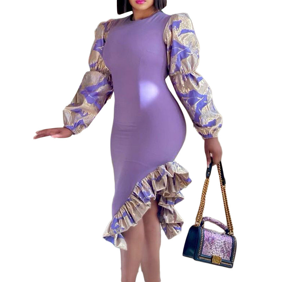 Damen Rüschenkleid mit eleganten Puffärmeln und asymmetrischem Saum Drune