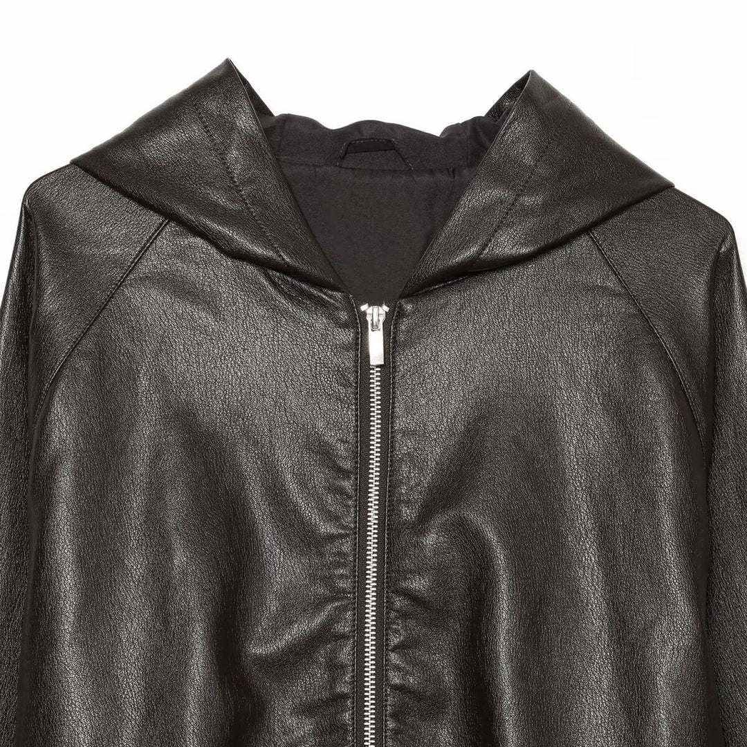 Damen Kurzgeschnittene Kunstleder-Bomberjacke mit Kapuze, Tunnelzug und elastischen Bündchen Drune