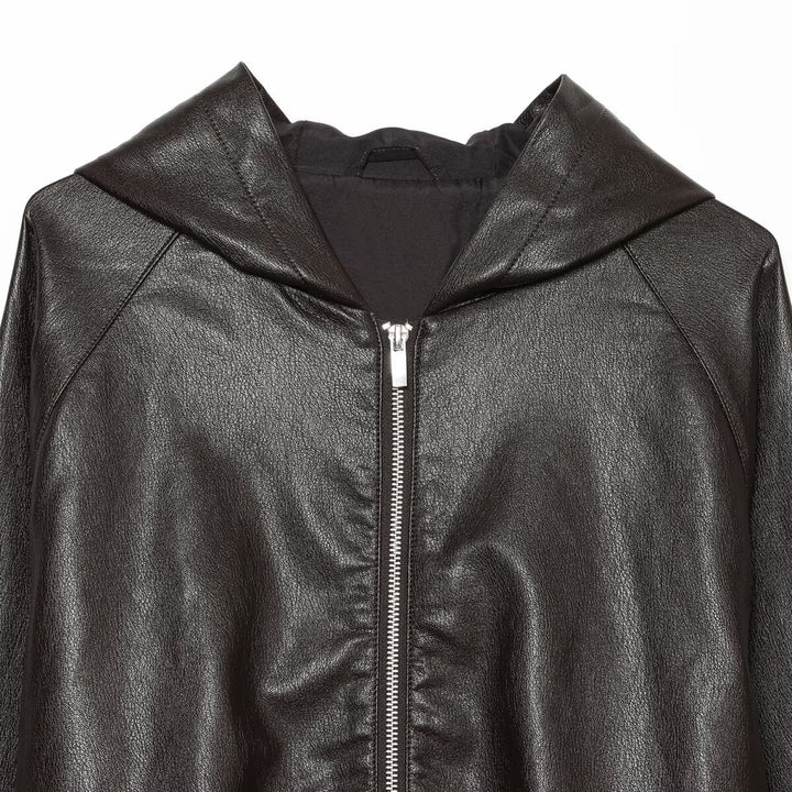 Damen Kurzgeschnittene Kunstleder-Bomberjacke mit Kapuze, Tunnelzug und elastischen Bündchen Drune