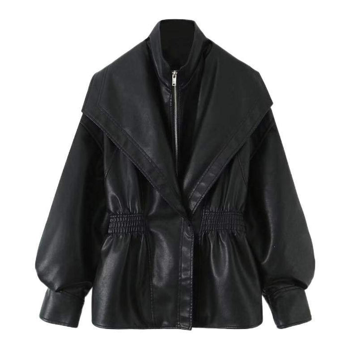 Damen Kunstlederjacke mit weitem Schalkragen und gerafftem Taillenbund Drune