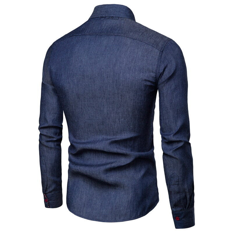 Herren Slim-Fit Stretch-Denimhemd mit Karoinnenkragen und dekorativer Brustleiste Drune
