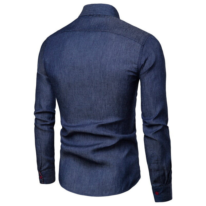 Herren Slim-Fit Stretch-Denimhemd mit Karoinnenkragen und dekorativer Brustleiste Drune