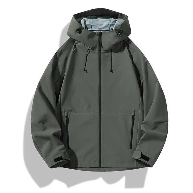 Herren Minimalistische Softshell-Regenjacke mit TPU‑Membran, verschweißten Nähten und verstellbarer Kapuze Drune
