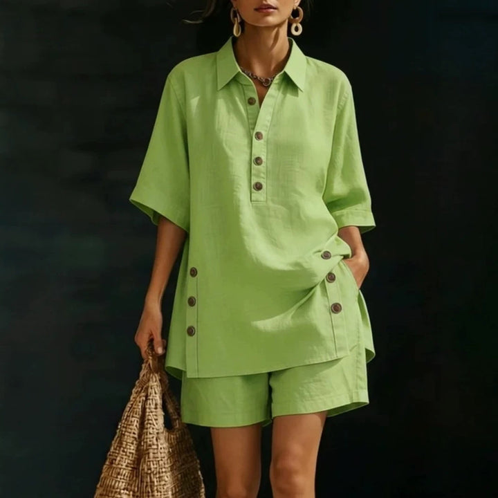 Damen nan luftiges Leinenoptik-Zweiteiler mit Oversize-Hemdbluse, Knopfleiste und Bermuda-Shorts Drune