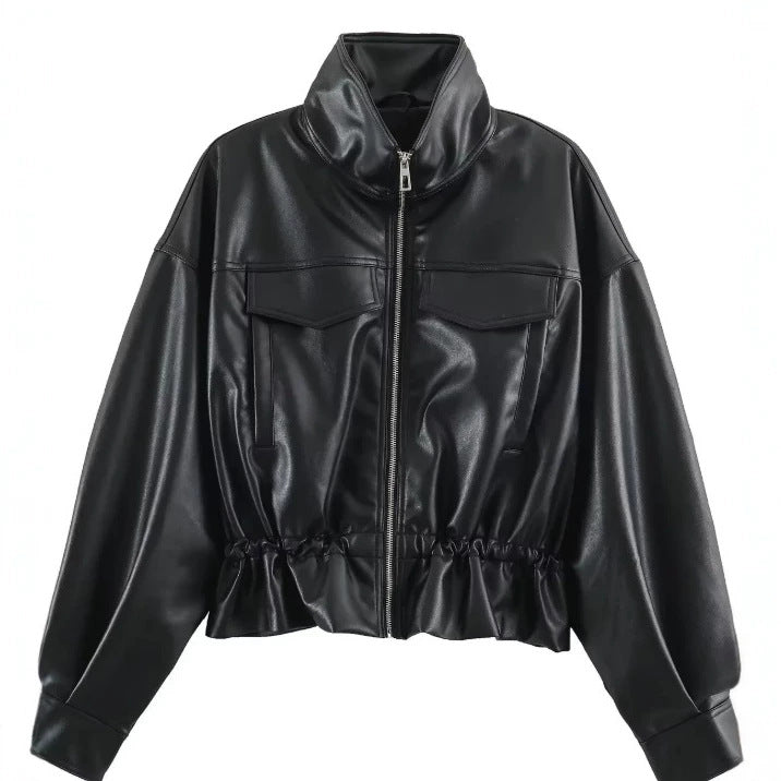 Damen Cropped Kunstleder‑Blouson mit Stehkragen, Pattentaschen und Tunnelzugtaillierung Drune
