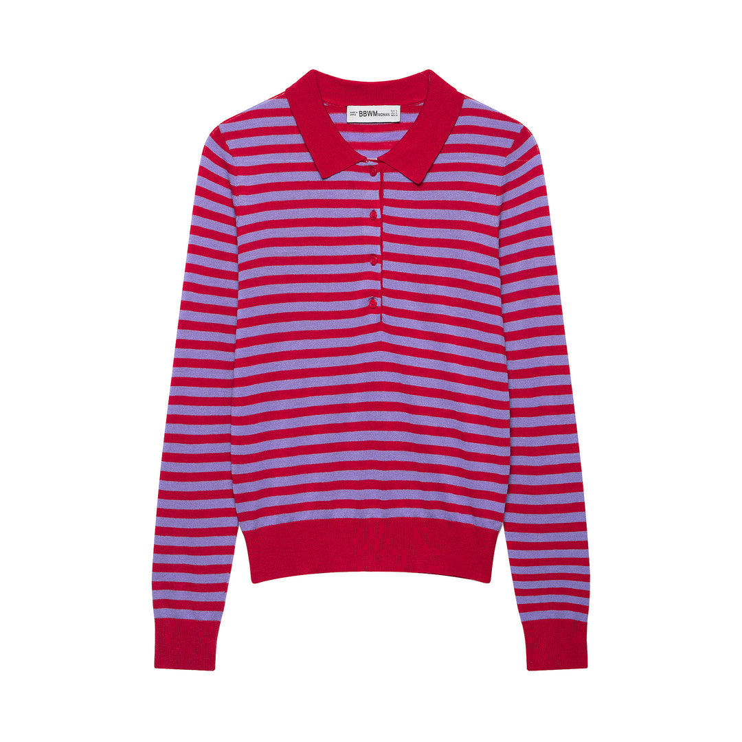 Damen Gestreifter Cropped-Polo-Cardigan aus Feinstrick mit Knopfleiste Drune