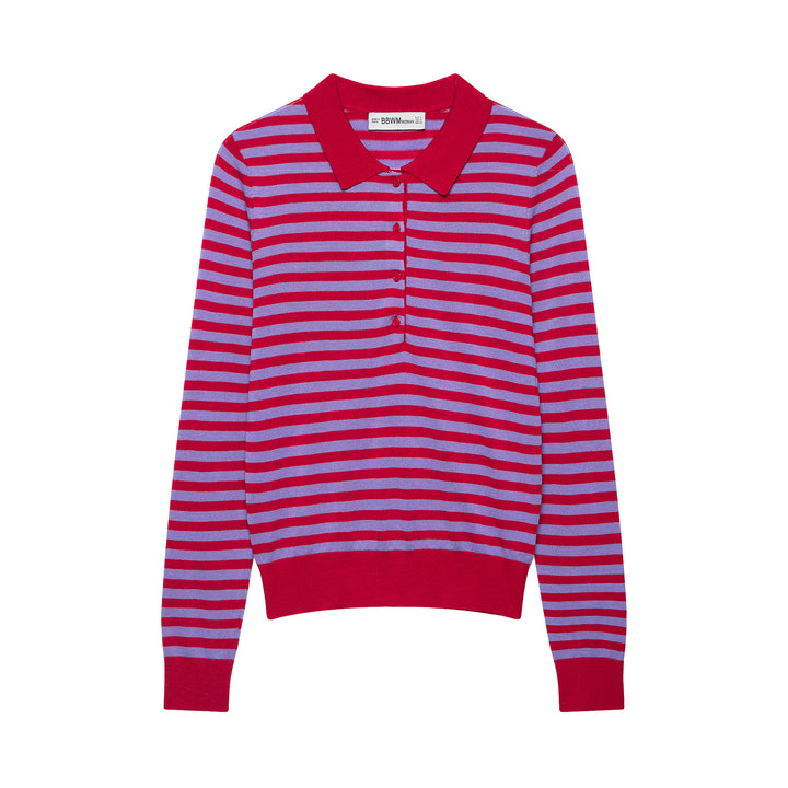 Damen Gestreifter Cropped-Polo-Cardigan aus Feinstrick mit Knopfleiste Drune