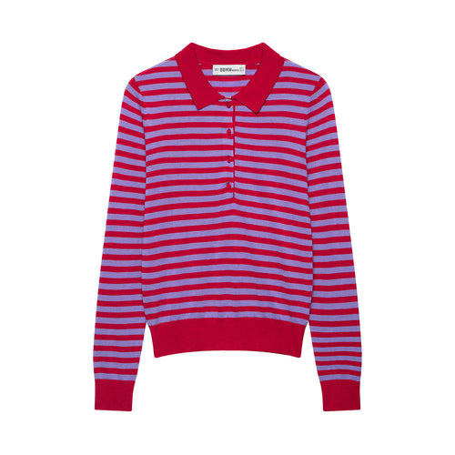 Damen Gestreifter Cropped-Polo-Cardigan aus Feinstrick mit Knopfleiste Drune