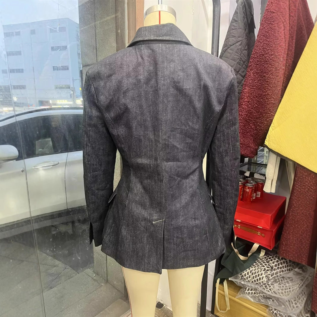 Damen nan taillierter Denim-Blazer mit schmaler Silhouette, Wiener Nähten und Pattentaschen Drune