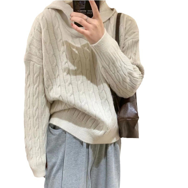 Damen Kuscheliger Strickpullover mit Kapuze und Zopfmuster Drune