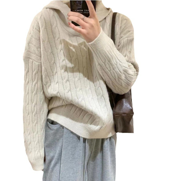 Damen Kuscheliger Strickpullover mit Kapuze und Zopfmuster Drune