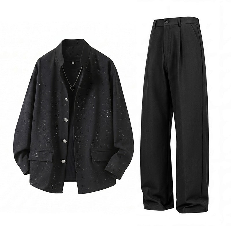 Herren Zweiteiliges Oversize-Lounge-Set mit gesprenkelter Übergangsjacke und weiter Bundfaltenhose Drune