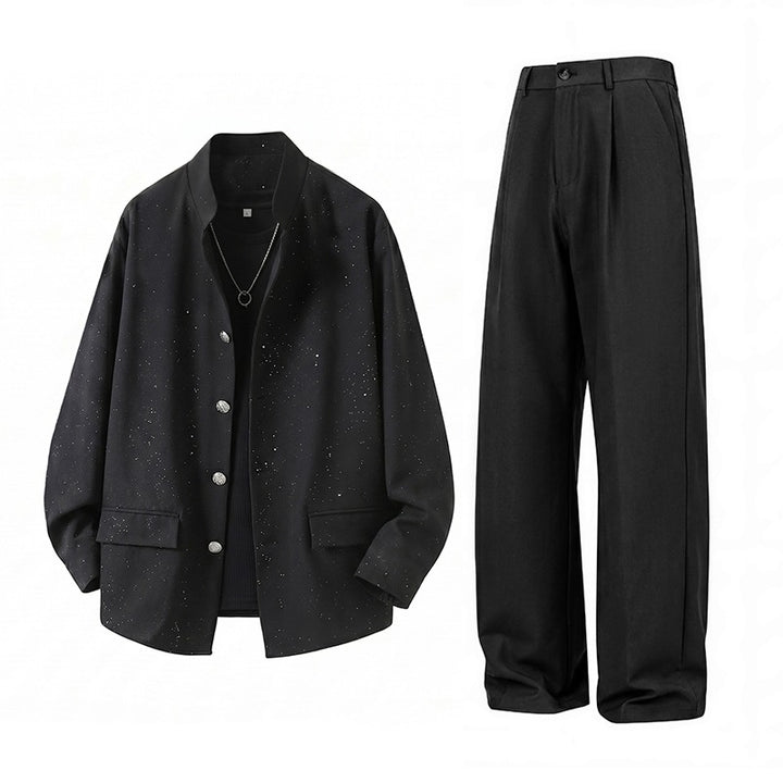 Herren Zweiteiliges Oversize-Lounge-Set mit gesprenkelter Übergangsjacke und weiter Bundfaltenhose Drune