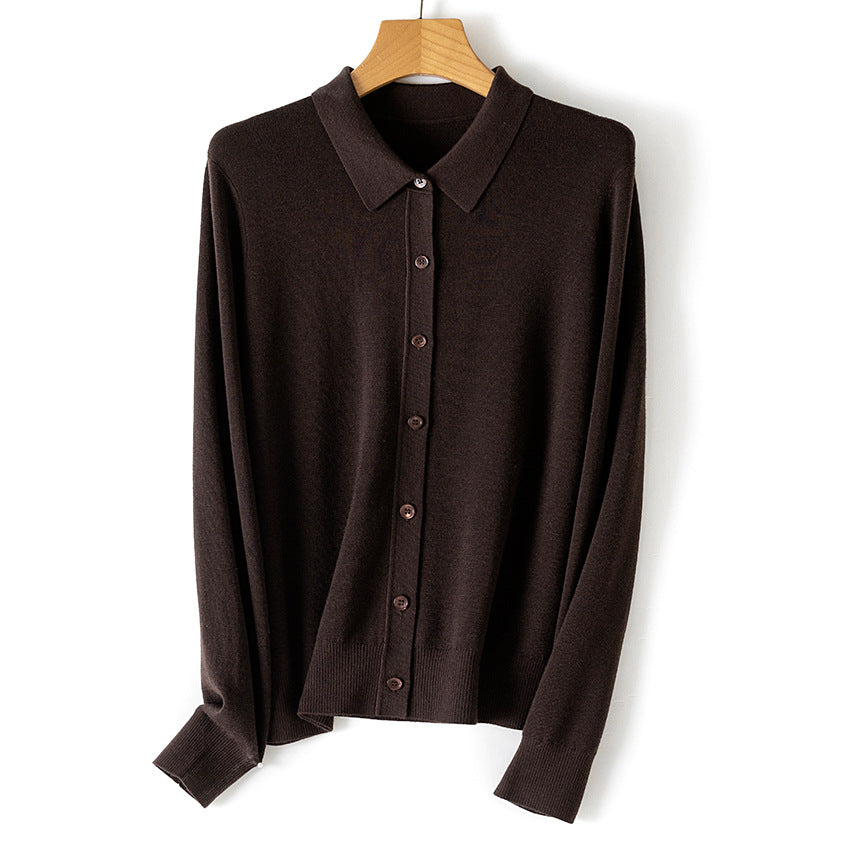 Damen Feiner Knopfcardigan mit Hemdkragen und feinem Feinstrick Drune