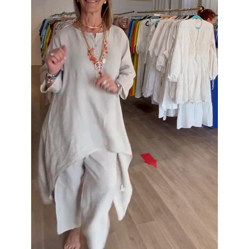 Damen Midilanges Leinen-Tunika-Set mit asymmetrischem Saum und weiter Palazzo-Hose Drune